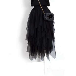 不规则春夏2025蛋糕网纱裙长款夏天休闲黑色垂感显瘦沙沙半身裙子