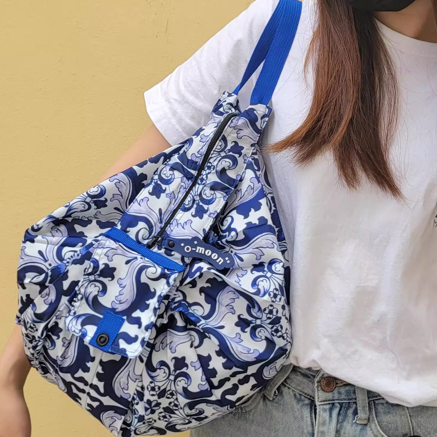 蓝白色收纳环保购物袋 蓝色花砖 折叠便携拉链收纳袋 大容量拎袋,收纳整理,其他收纳袋,淘宝优惠券,粉丝福利购,淘宝优惠卷