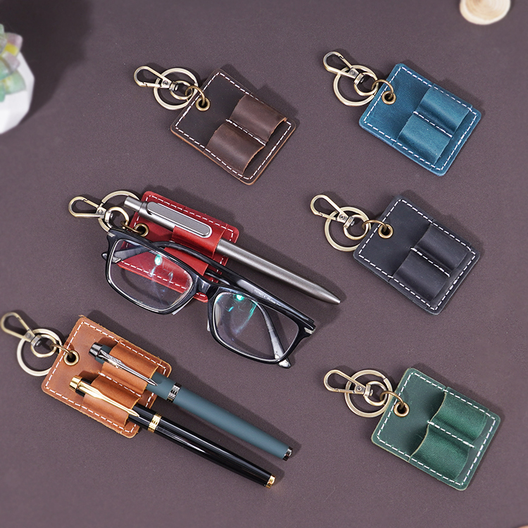 复古真皮便携两支装签字笔挂式笔套 牛皮眼镜支架简约 可定制LOGO