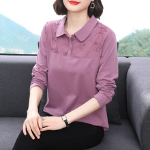 官网正品时尚拼接长袖翻领T恤女春夏薄款纯棉女装中高档妈妈装
