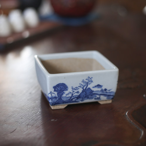 手绘青花釉下彩陶泥盆栽小盆