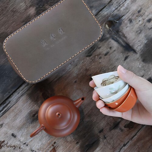 弥云斋限量兰香引粉彩蓝蝶茶事组功夫茶具便携套装旅行茶具牛皮包