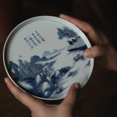 景德镇弥云斋手工手绘青花山水壶承清意味平盘托盘茶道配件