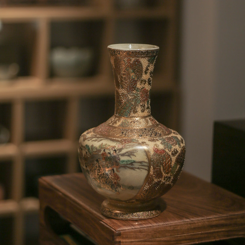 日本百年老萨摩花瓶描金堆白手绘人物花器陶瓷功夫茶具配件收藏品