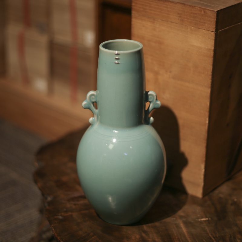日本青瓷花瓶手拉胚瓶口冲线锔钉修补陶瓷功夫茶具配件茶桌摆件