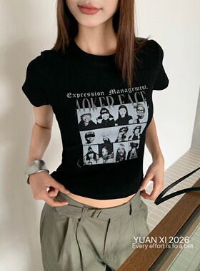 元熙7146美式复古辣妹性感圆领短袖T恤女夏高腰修身显瘦正肩上衣