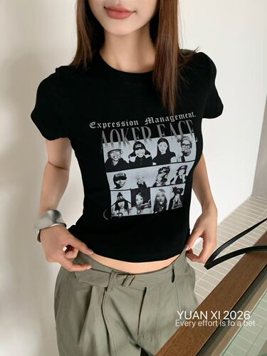 元熙7146美式复古辣妹性感圆领短袖T恤女夏高腰修身显瘦正肩上衣