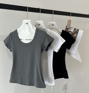 T恤女秋新款 简约U领套头短袖 弹力显瘦百搭打底上衣潮 熙3065韩版 元