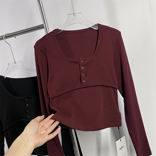 显瘦长袖 1春秋U领纽扣设计感收腰修身 T恤女内搭外穿上衣 熙8022 元