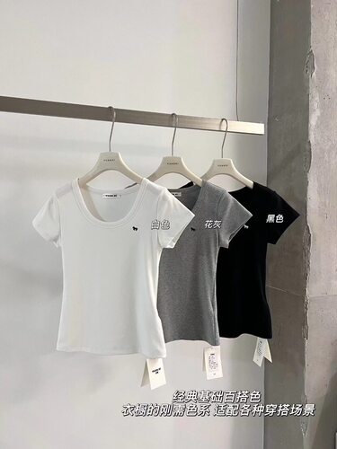 元熙家3036小马刺绣简约U领短袖T恤女春夏修身显瘦正肩小飞袖上衣