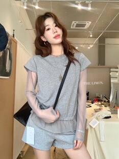 柠檬绿茶10355韩版时尚褶皱设计感拼接网纱圆领长袖T恤女宽松上衣