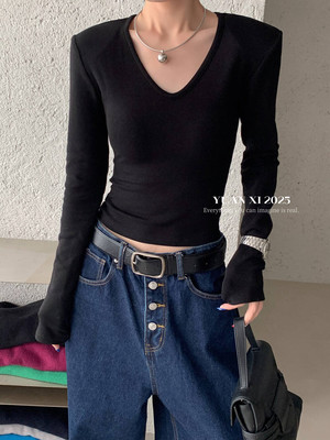 元熙家3111韩系V领加绒长袖T恤女秋冬修身显瘦内搭打底衫垫肩上衣