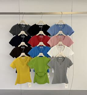 显瘦镂空V领短袖 纯色修身 T恤女百搭掐腰纸片上衣 熙7065春夏新款 元