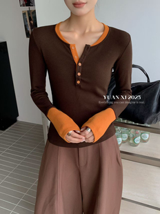 秋冬显瘦打底衫 T恤女 上衣潮 熙9011撞色拼接假两件加绒磨毛长袖 元