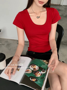 元熙318-1韩系U领短袖T恤女 2026夏季新款修身显瘦百搭正肩上衣潮