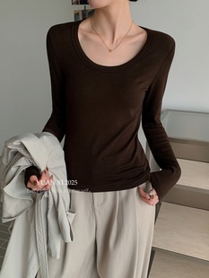 显瘦内搭打底衫 元 T恤女加绒加厚修身 1秋冬U领长袖 外穿上衣 熙330