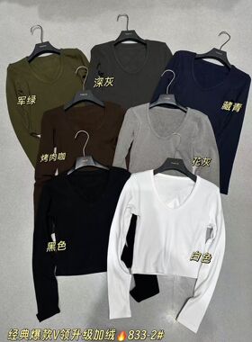 元熙833-2韩系V领长袖T恤女秋冬修身显瘦内搭加绒磨毛打底衫上衣