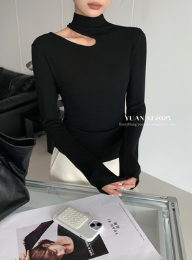 元熙3086-1秋冬半高领镂空长袖加绒T恤褶皱设计感显瘦打底上衣女