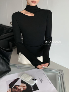 加绒T恤褶皱设计感显瘦打底上衣女 1秋冬半高领镂空长袖 元 熙3086