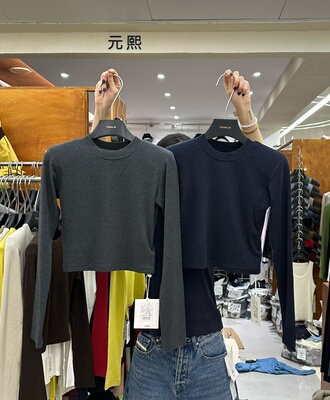 元熙8197-2韩版时尚气质垫肩圆领短款长袖T恤女 秋冬季新款打底衫