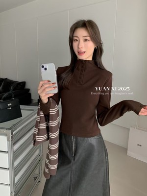 元熙7212韩系立领加绒长袖T恤女秋冬修身显瘦内搭打底衫垫肩上衣