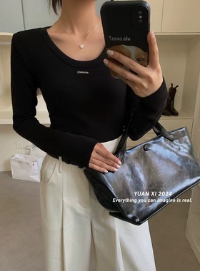 元熙家8263秋冬加绒U领长袖T恤女辣妹修身显瘦内搭打底衫上衣百搭