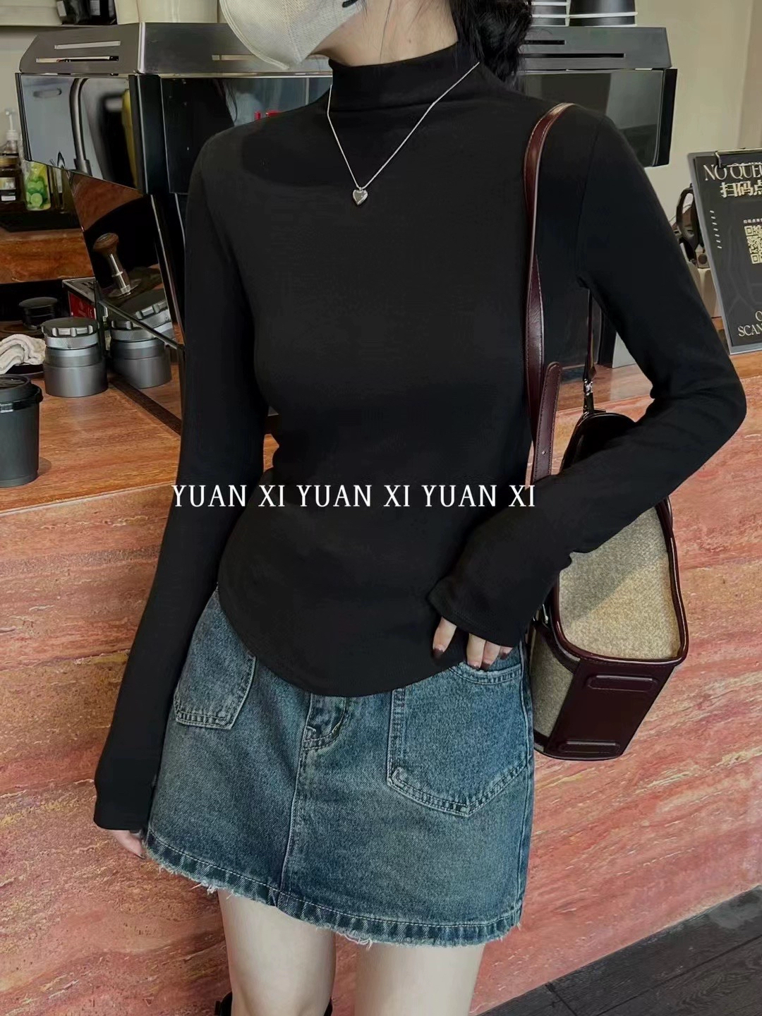 元熙3081-2韩系半高领长袖T恤女 秋冬加绒加厚修身显瘦打底衫上衣