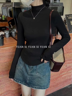 元熙3081-2韩系半高领长袖T恤女 秋冬加绒加厚修身显瘦打底衫上衣