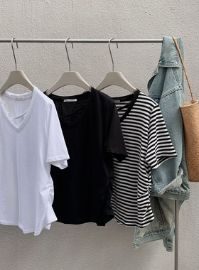 beyourself68096韩版V领条纹短袖T恤女2025夏宽松显瘦百搭上衣潮