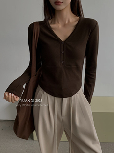 女秋冬百搭弹力T恤上衣显瘦韩系潮 1网红明星简约v领长袖 元 熙6080