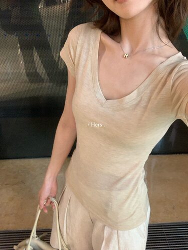hers80372韩系基础百搭掐腰V领短袖T恤女修身显瘦纸皮人正肩上衣