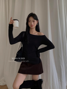 T恤女秋新款 简约斜肩性感长袖 弹力显瘦百搭打底上衣软 熙317韩版 元