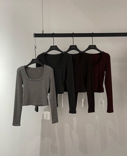 T恤女内搭显瘦短上衣打底衫 元 方领加绒加厚长袖 3秋冬新款 熙8078