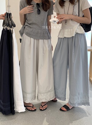 the limon柠檬绿茶10386小个子拼接花边宽松休闲显瘦阔腿长裤子女