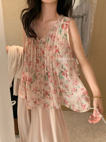 柠檬绿茶10605韩系设计感木耳边碎花无袖背心女夏季宽松显瘦上衣