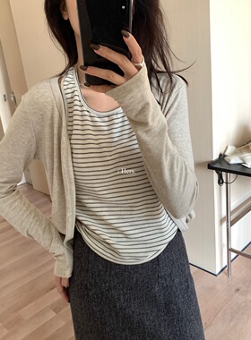 hers92372韩系条纹吊带背心女秋冬装慵懒风显瘦百搭针织开衫套装