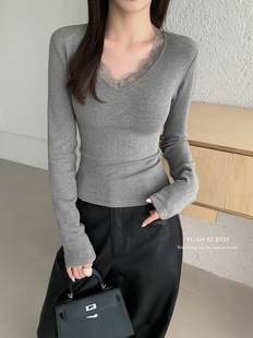 显瘦内搭打底衫 T恤女秋冬修身 熙339加绒V领蕾丝拼接长袖 yuanxi元