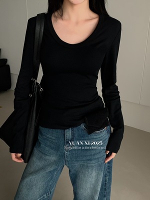 元熙8187韩系显瘦纯色U领弹力外穿打底衫T恤上衣女2025秋冬新款