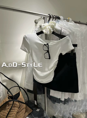 ADD92301斜肩短袖T恤女夏季新款设计感露肩收腰修身带发圈上衣ins