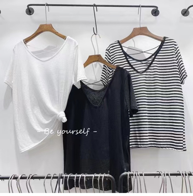 beyourself6056韩系V领短袖T恤女夏新款宽松百搭打底衫露背上衣白