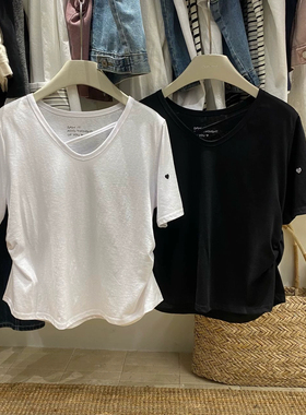 beyourself68816韩版u领斜杠拼接套头体恤女 夏季新款褶皱印花T恤