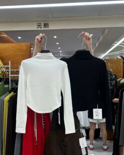 元熙8234韩系半高领加绒长袖t恤女 秋冬新款别致内搭修身打底衫黑