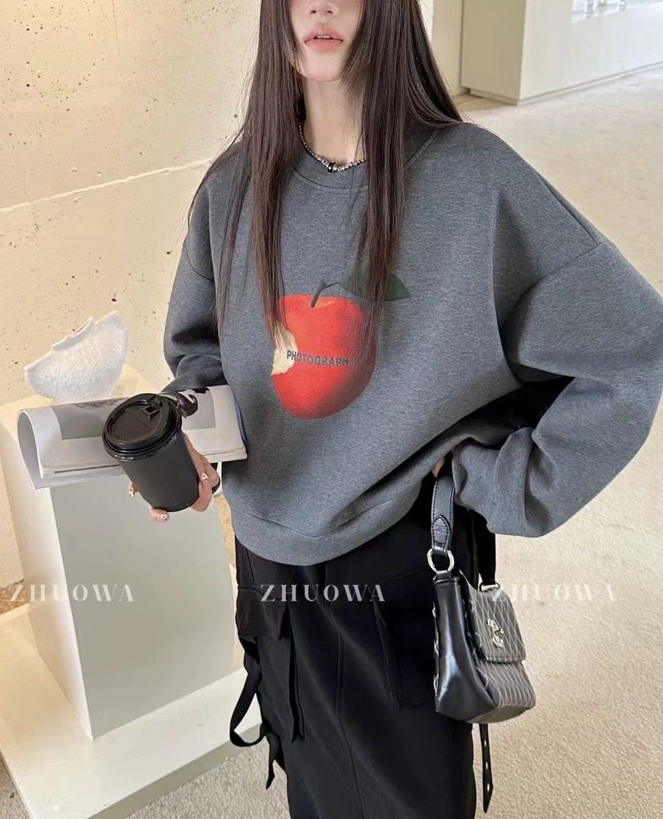 卓娃5156加绒卫衣设计感短款宽松休闲圆领套头上衣秋冬潮流长袖衫