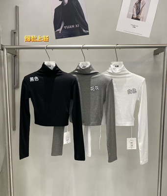 元熙6201-1秋冬半高领加绒长袖短款T恤女 修身显瘦百搭打底衫上衣