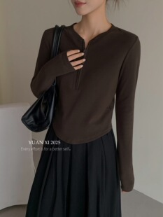 元熙6045半拉链v领长袖T恤女2026早春新款修身显瘦内搭打底衫上衣