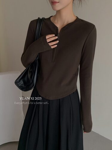 元熙6045半拉链v领长袖T恤女2026早春新款修身显瘦内搭打底衫上衣