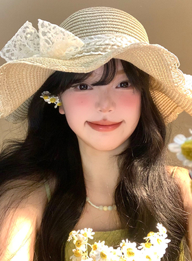 法式蕾丝蝴蝶结草帽女夏海边沙滩波浪边大帽檐太阳帽遮阳防晒帽子