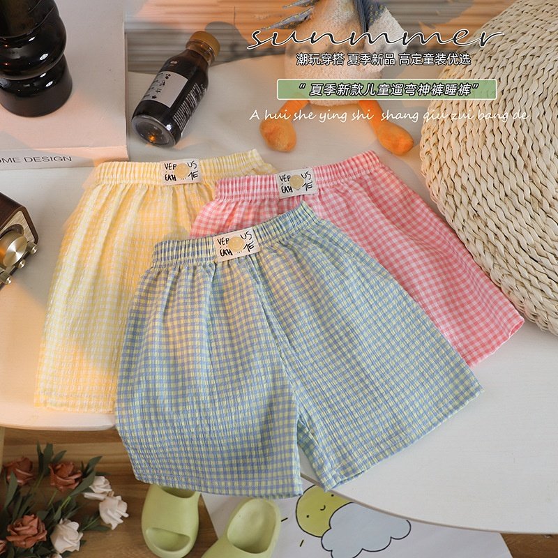 儿童夏季短裤糖果色系格子阔腿休闲裤新款男女童松紧腰宽松家居