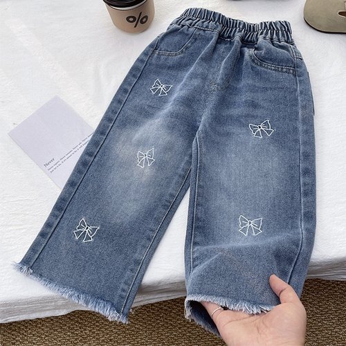 女童牛仔裤水洗软牛仔女宝宝直筒阔腿裤蝴蝶结百搭宽松春秋长裤子