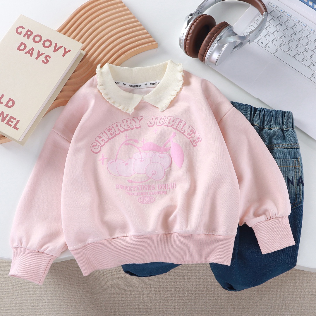 女童秋季卫衣2025新款花边童装女孩中大童polo领上衣新款2025